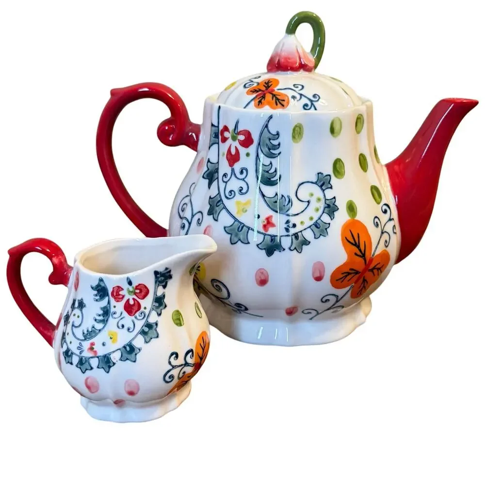 Pier 1 Imports Teapot + Creamer Paisley Flowers Stoneware Handpainted Red White